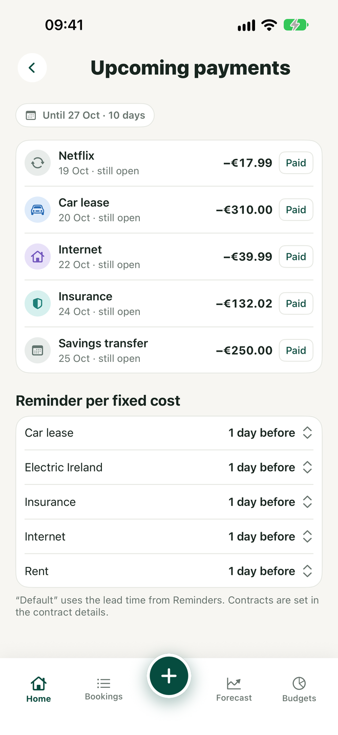 Upcoming payments screen
